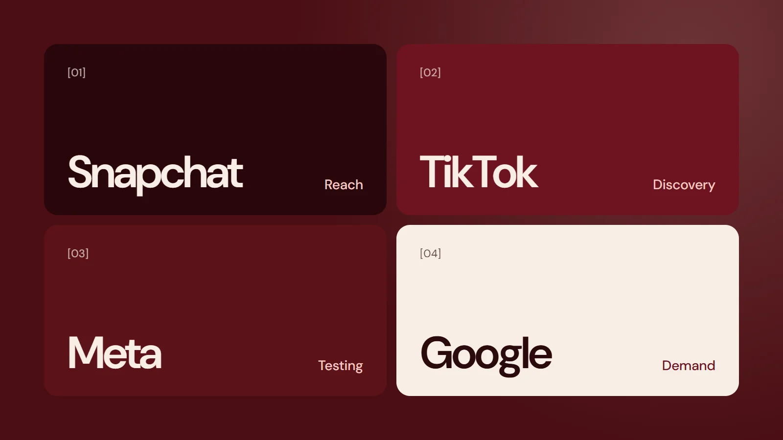 Snapchat for reach, TikTok for discovery, Meta for testing and Google for demand